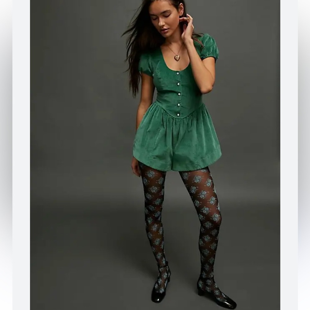 Free People Green Velour Puff Sleeve Button-Down One Piece Romper Shortall M